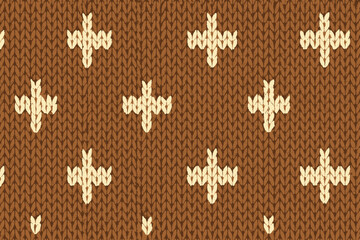 Seamless Knitted Texture Pattern with Off-White Cross Motifs on Warm Brown Background
