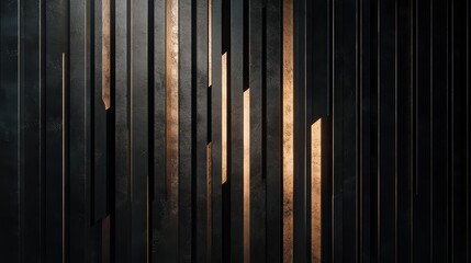 A close up of a wall with vertical black and bronze panels creating an abstract modern pattern