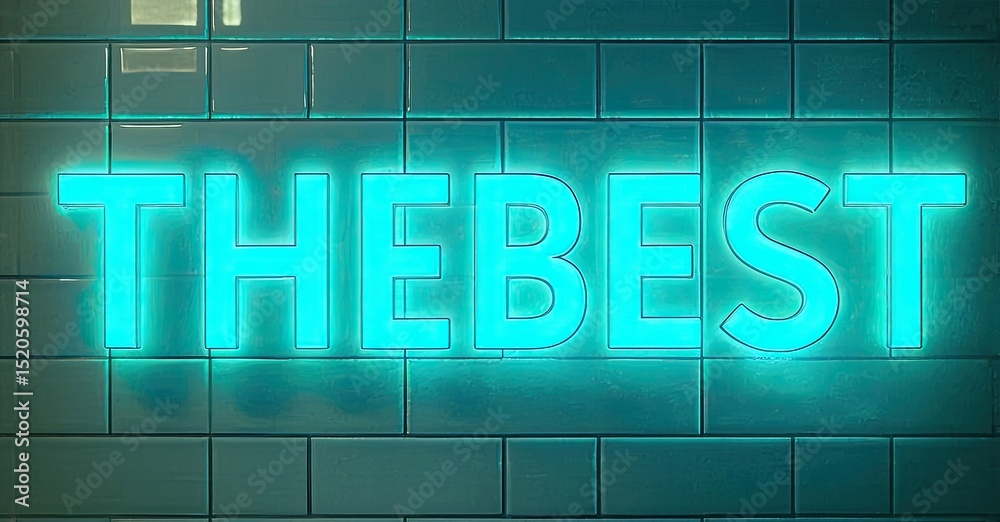 Poster bright neon sign spells the best against tiled wall. turquoise glow illuminates rectangular surface,