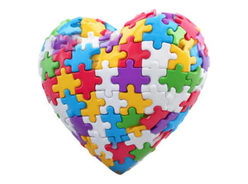 Colorful puzzle pieces forming a heart shape, On Transparent Background, Png