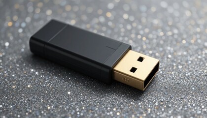 Close-up of a Black and Gold USB Flash Drive on a Sparkly Surface