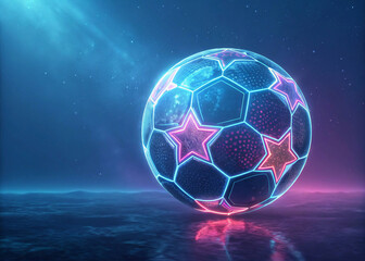 Naklejka premium soccer ball on blue background, Futuristic Neon Soccer Ball on Alien Planet – Sci-Fi Digital Art