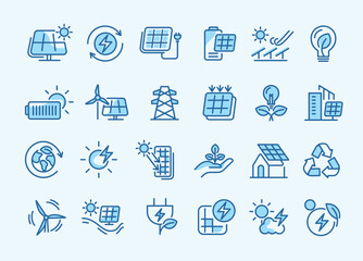 Fototapeta na wymiar Line icons set of solar energy, renewable power, eco-friendly technology, sustainability, wind and sun energy, battery storage, and green innovation for environment-focused vector design.