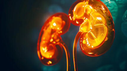 Abstract close-up of a healthy human kidney illuminated by vibrant golden light symbolizing vitality and renewal on deep medical rendered in selective focus shallow depth of field style for scientific