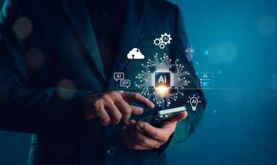 AI integration in mobile business solutions. Businessman using smartphone with artificial intelligence, ideal for presentations on technology, automation, innovation, smart digital transformation.