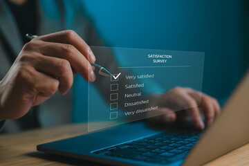 Satisfaction survey and customer feedback interface. A digital survey form being filled with a...