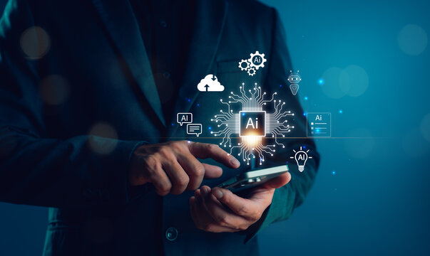 AI integration in mobile business solutions. Businessman using smartphone with artificial intelligence, ideal for presentations on technology, automation, innovation, smart digital transformation.