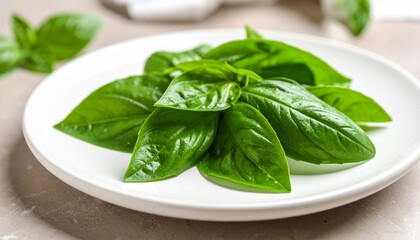 Minimalist close-up of dew-covered kemangi (basil) leaves on a white ceramic plate. Focus on fresh leaf texture and detailed veins, with soft neutral background — herbal food photography.

