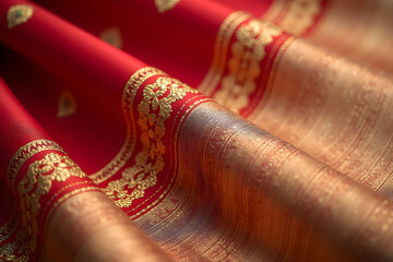 Exquisite Detail, A Close-Up of Intricately Embroidered Silk Saree Border with Rich Colors and Texture Display