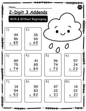Math exercises for kids. Adding two-digit and three-digit numbers. Black and white math with cute cartoon pictures. Calculate and write the results.