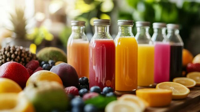 Assorted Colorful Fresh Fruit Juices in Glass Bottles on Wooden Table with Fruits under Sunlight with Bright Background