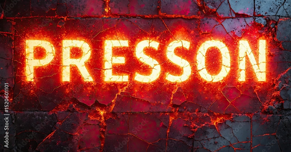 Poster fiery text spelling presson against cracked wall. intense red glow emanates from fissures, creating 