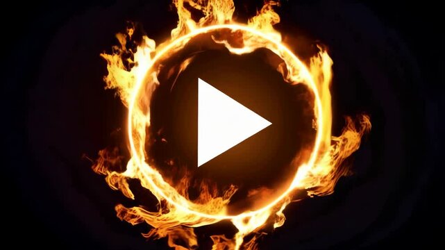 Fiery Circle with Play Button Animation on Black Background. Abstract Burning Ring of Fire Motion Graphic with Playhead Symbol in Center.