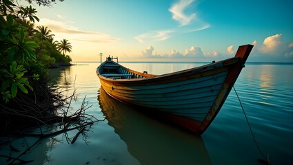 Serene sunset tropical boat tranquil waters idyllic escape peaceful paradise