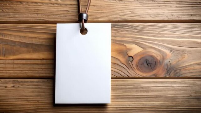 Blank white tag mockup with brown leather lanyard on rustic weathered wood plank surface background for custom label design