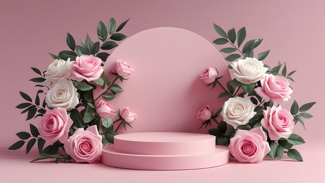 empty pink podium on beautiful roses background, for product presentation 