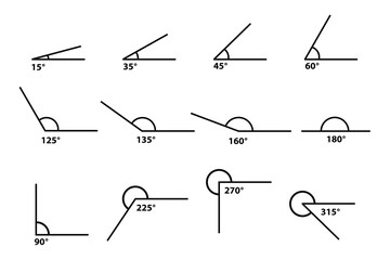 Different Angles degrees template set. Measure and geometric math symbol collection set. Educational school learning. trigonometry school lesson