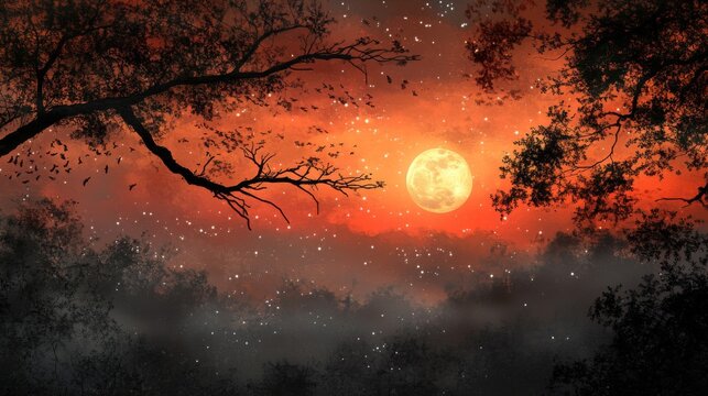 Red Moonlit Night Forest Landscape