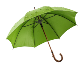 Rainy day action with green umbrella urban street product wet environment view isolated on transparent background