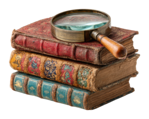 Investigating vintage literature with magnifying glass home library cozy atmosphere isolated on transparent background