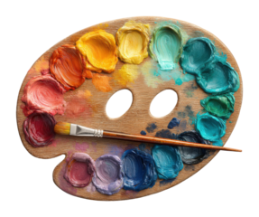 Creative process artist palette with vibrant colors digital view isolated on transparent background