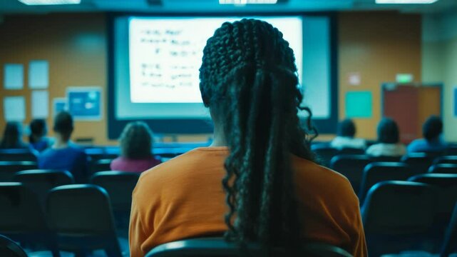 Audience of Students Attending Lecture with Projected Screen View From the Rear in a Classroom Setting with Orange Walls and Blue Chairs