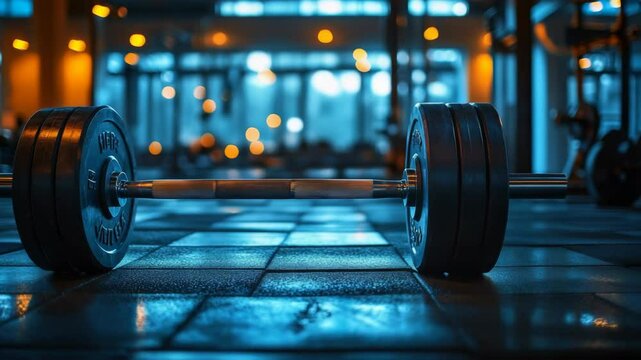Barbell on Gym Floor with Blue Lighting Reflecting on Tiles for Strength Training and Fitness in Dark Background with Weightlifting Equipment