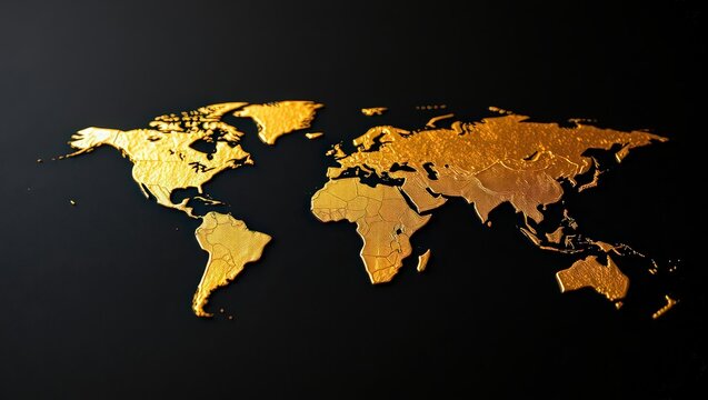 A golden world map on a dark background showing continents and countries in a stylized fashion