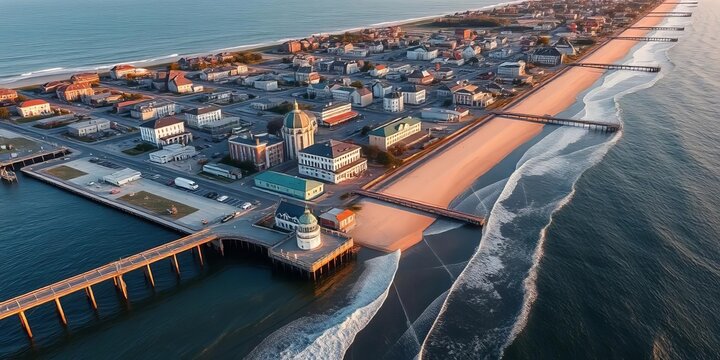High-angle view of Long Branch, NJ pier and village, showing buildings, beach, and ocean, jetty, landscape