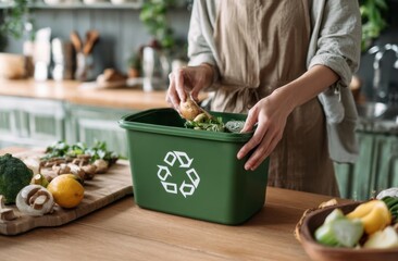 Person composting food scraps in green bin