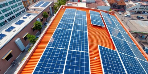 High-angle view of solar panels on a building roof,  urban,   environmentally friendly