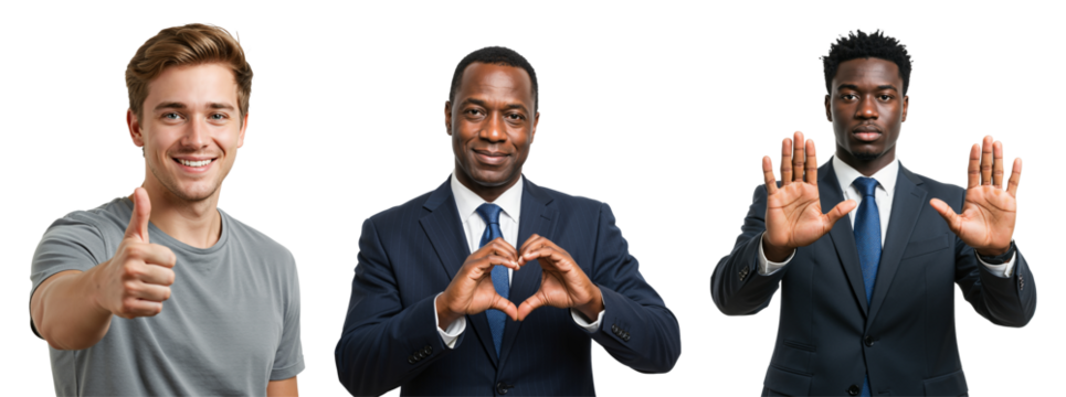 Diverse Group of Young Men Expressing Emotions and Gestures in Business Attire