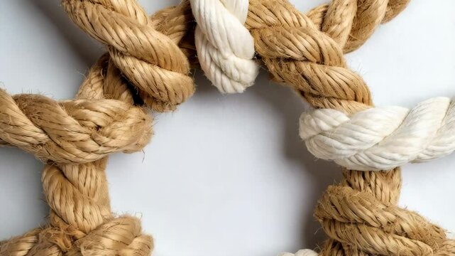 Braided circle of nautical ropes in tan and white, creating a central open space against a clean, bright white backdrop.