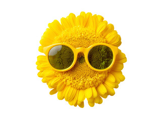 Cheerful sunflower wearing yellow sunglasses on black background, On Transparent Background, Png