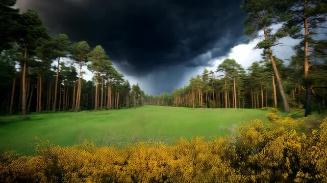 Blurred motion through forest path edged with bright yellow blooming gorse shrubs leading to distant green hills under stormy sky
