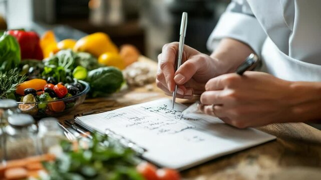 Chef in White Coat Writing a Recipe in Notebook Surrounded by Colorful Vegetables at Wooden Kitchen Countertop with Natural Daylight