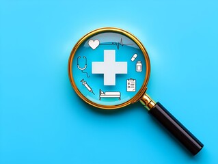 Fototapeta premium Magnifying glass reveals healthcare icons: medical cross, stethoscope, heart, medicine, hospital bed, prescription, and syringe.