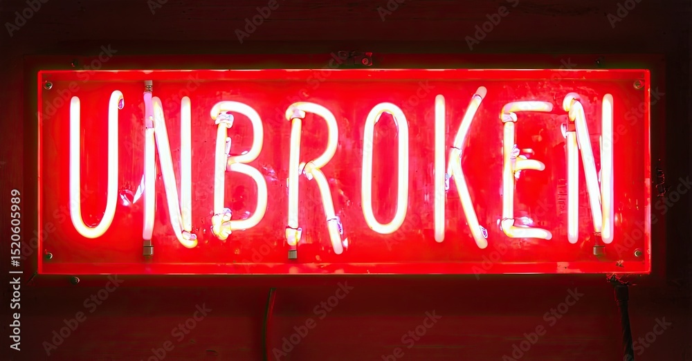 Poster bright red neon sign displays word unbroken. rectangular shape, dark background, simple design. inte