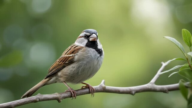 House sparrow perched on branch with blurred green background  