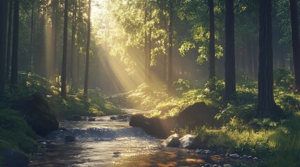 Fototapeta premium Sunlit Forest Stream with Morning Mist