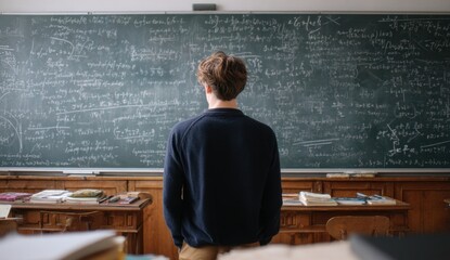 Student facing chalkboard full of formulas