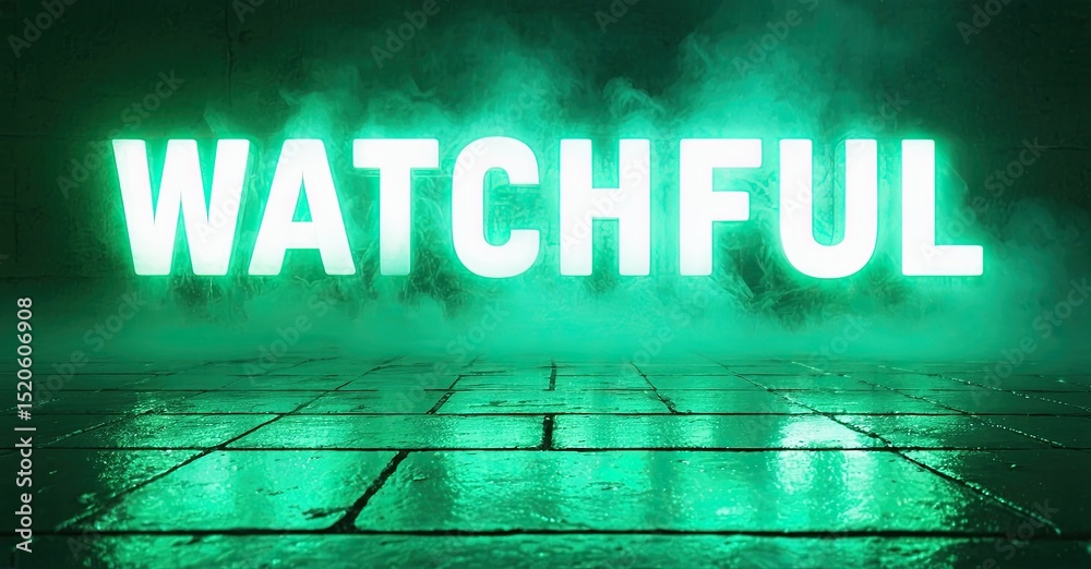Poster bright word watchful illuminated above wet tiled floor. dramatic lighting creates mysterious atmosph