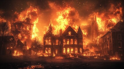 Fiery Destruction Of A City At Night
