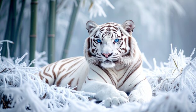 Majestic white tiger with icy blue eyes resting on a bed of frost-covered bamboo in a mystical winter forest