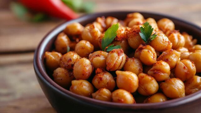 Close-up of Cooked Chickpeas in a Brown Bowl Topped with Red Pepper and Parsley on Wooden Table Red Chili Background