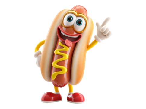 Happy hot dog cartoon character pointing up mustard, On Transparent Background, Png - Powered by Adobe
