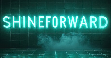 Bright neon sign displays SHINEFORWARD above tiled floor. Smoke drifts near base, creating dramatic effect. Minimalist, modern aesthetic.