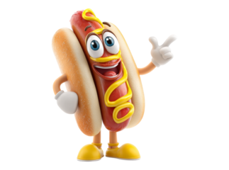 Happy hot dog cartoon character pointing fun food, On Transparent Background, Png