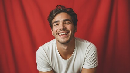 Portrait of a Smiling Young Man Against a Red Background