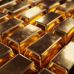 Top-down view of gleaming gold bars in hyper-realistic luxury